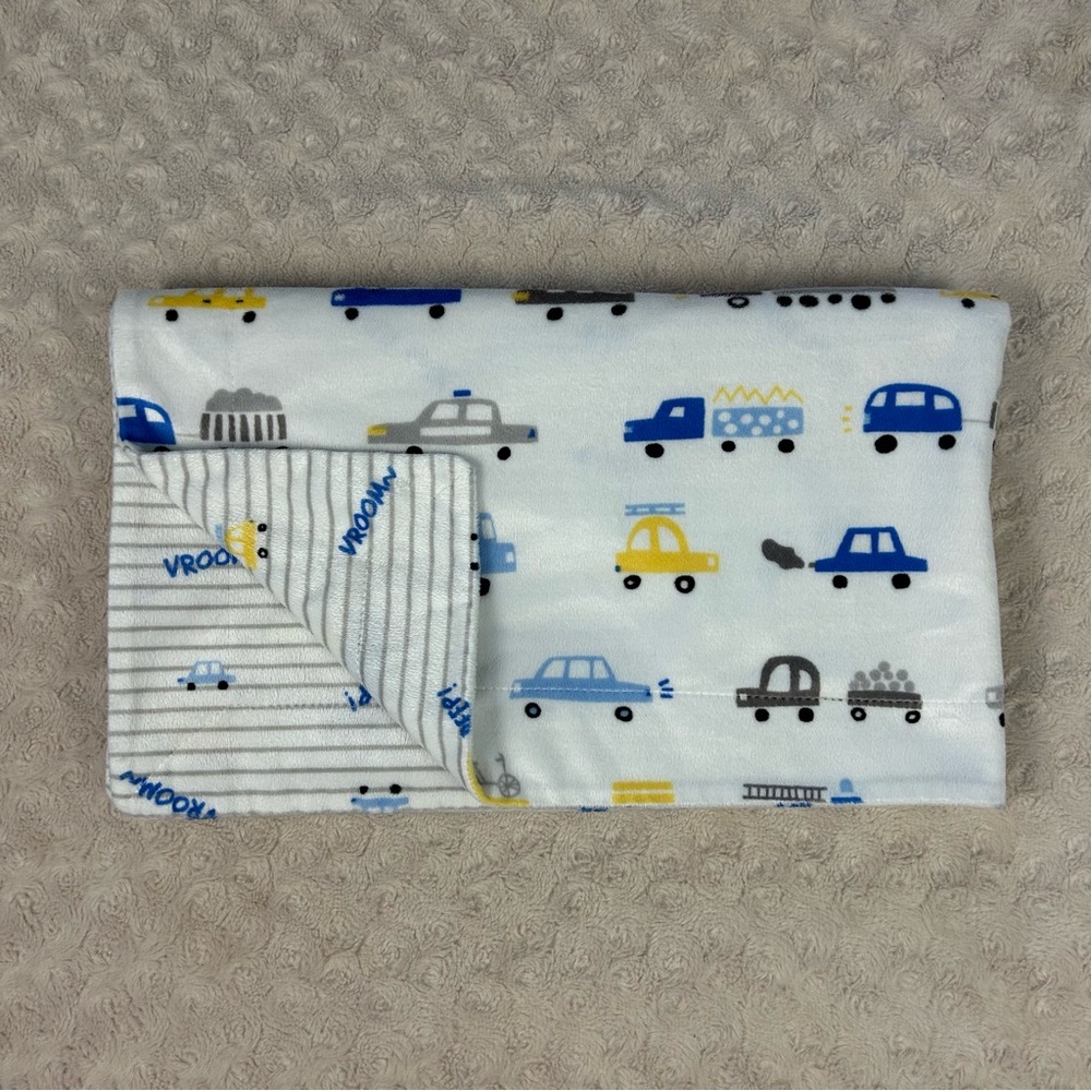 Little Lad Car Truck Baby Blanket Gray White Stripes Blue Yellow Vroom Beep Bus